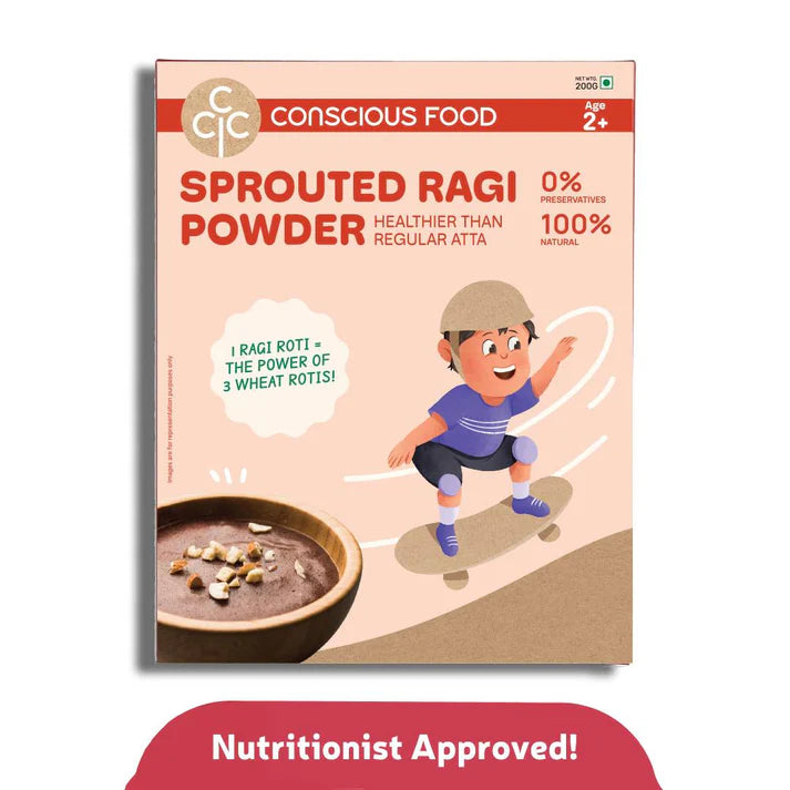 Ragi Powder | Sprouted Ragi Powder - 100% natural - No Added Preservatives - Conscious Food - 200gm
