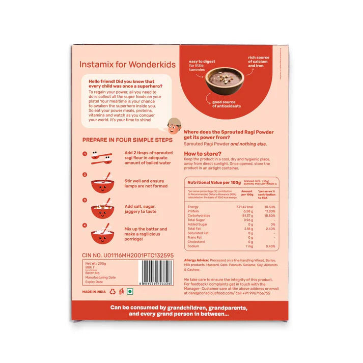 Ragi Powder | Sprouted Ragi Powder - 100% natural - No Added Preservatives - Conscious Food - 200gm