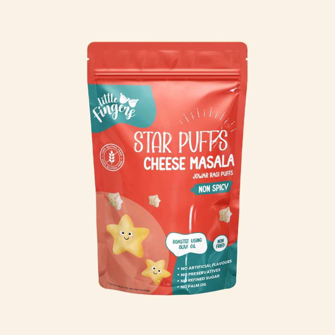 Puffs | Star Puffs (Cheese Masala) -Jowar Ragi Puffs (Non Spicy)-Roasted Using Olive Oil – Gluten Free- No Added Preservatives ,No Palm Oil, Refined Sugar –Little Fingers– 100gm