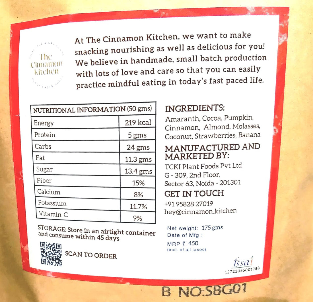 Granola | Strawberry, Banana &amp;amp; Cacao Crunch Granola - Vegan, Gluten Free, PCOS Friendly, Refined Sugar Free, Flour Free &amp;amp; No Added Preservatives - The Cinnamon Kitchen - 175gm