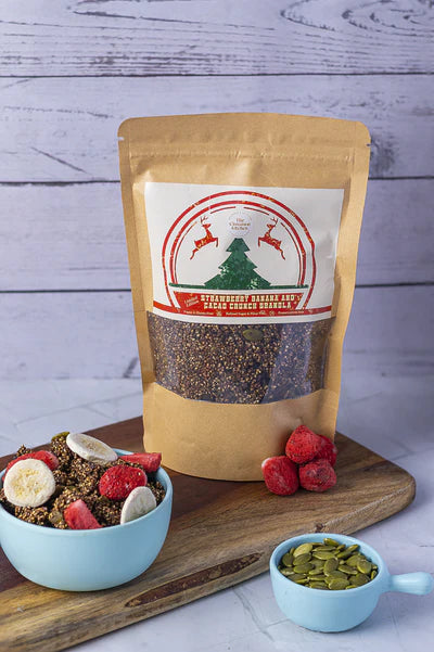 Granola | Strawberry, Banana &amp;amp; Cacao Crunch Granola - Vegan, Gluten Free, PCOS Friendly, Refined Sugar Free, Flour Free &amp;amp; No Added Preservatives - The Cinnamon Kitchen - 175gm