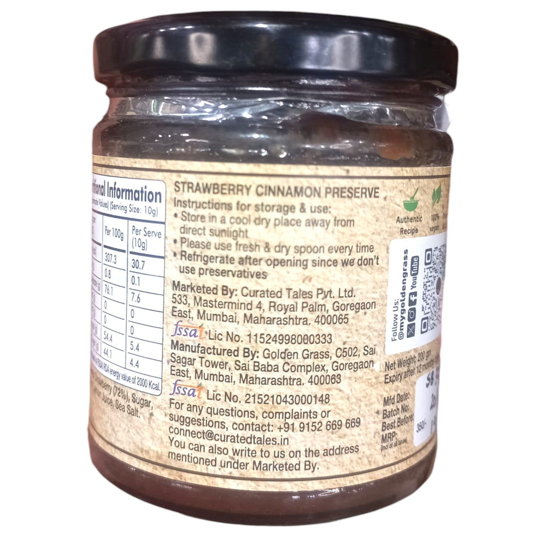 Chutney | Strawberry Chutney - 100% Natural - Vegan, No Added Colour &amp; No Added Preservatives - Golden Grass - 200gm