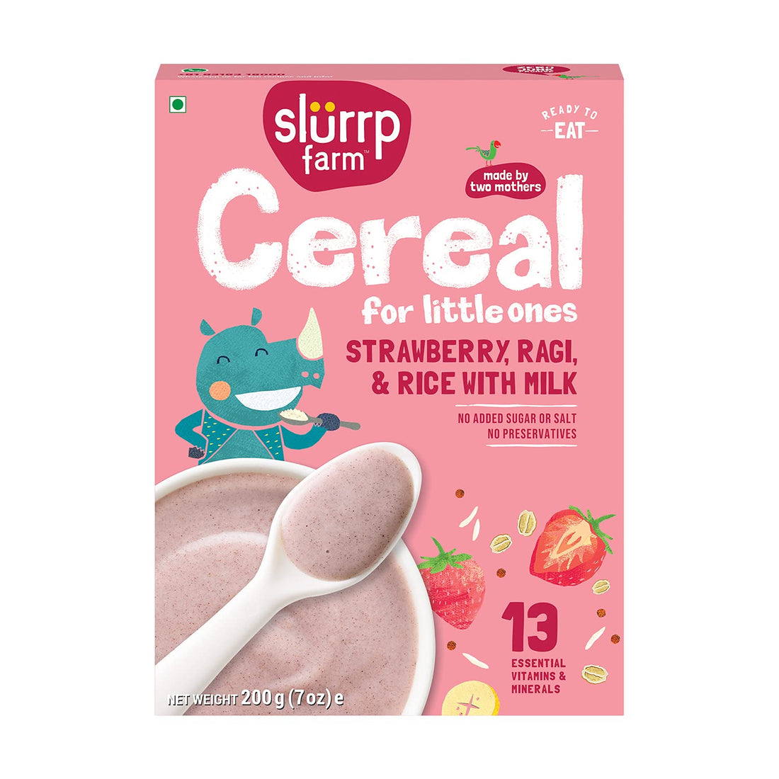 Cereal | Organic Cereal Ragi, Rice & Strawberry With Milk - No Refined Sugar, No Maida & No Salt - Slurrp Farm - 200gm