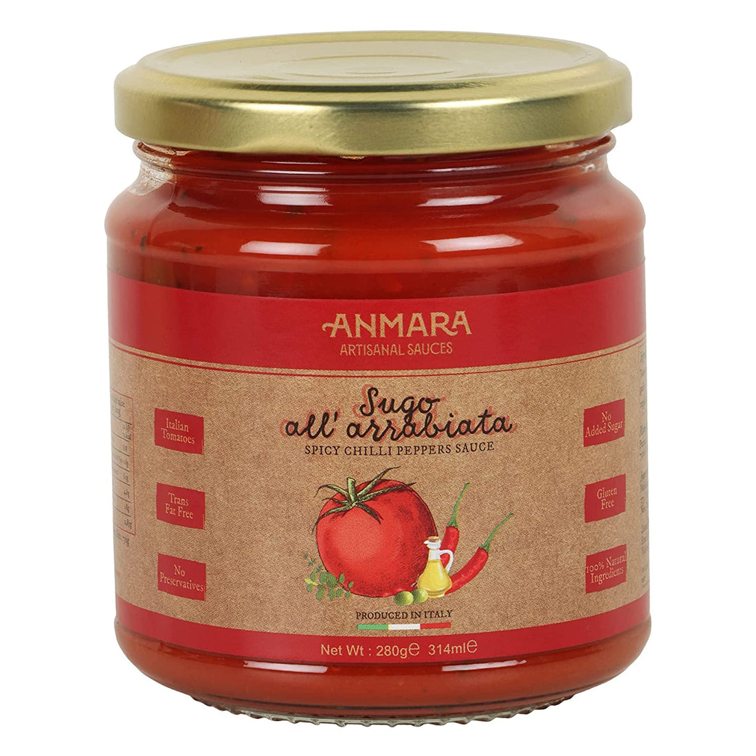Pasta Sauce | Sugo All Arrabiata  (Spicy Chilli Peppers Sauce) – Natural - Italy - Gluten Free, No Added Sugar & Fat Free - Anmara – 280gm