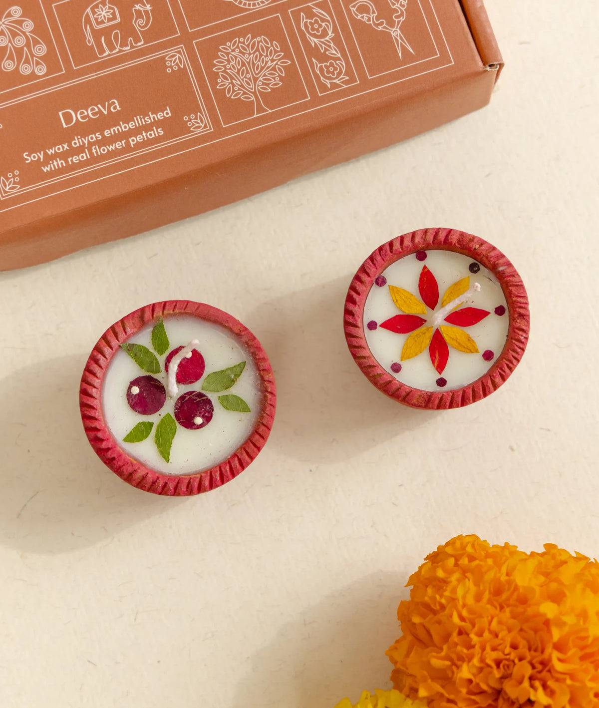 Diya | Summer Dance Diya - Handcrafted – Eco Friendly Soy Wax, No Chemical &amp; No Harmful Fumes – Nature’s Soul - Set of 2 (5 × 5 × 2.5 cm)
