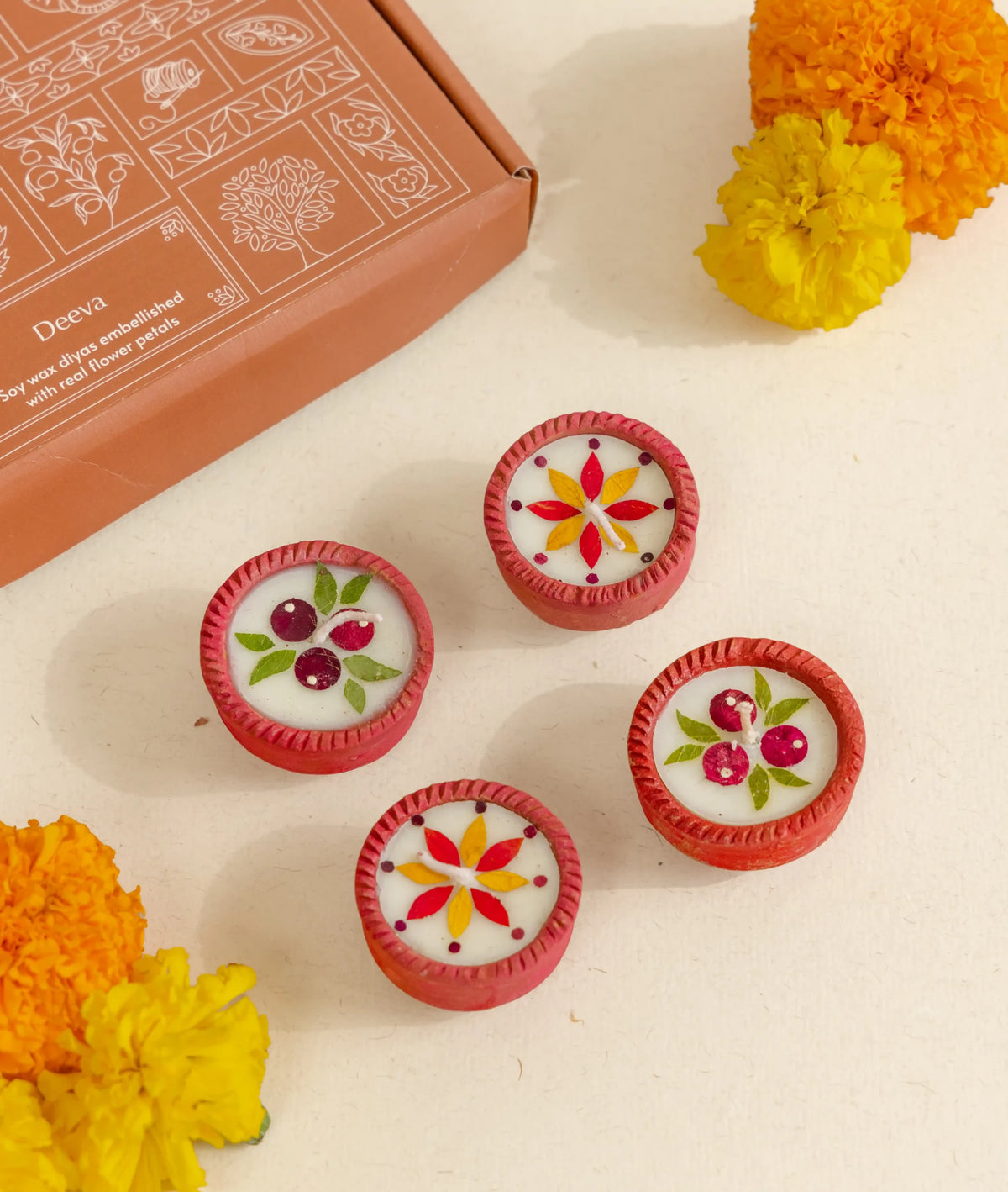 Diya | Summer Dance Diya - Handcrafted – Eco Friendly Soy Wax, No Chemical &amp; No Harmful Fumes – Nature’s Soul - Set of 4 (5 × 5 × 2.5 cm)