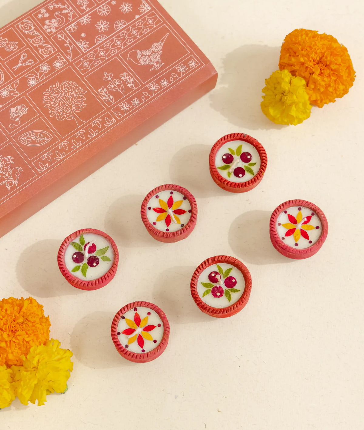 Diya | Summer Dance Diya - Handcrafted – Eco Friendly Soy Wax, No Chemical &amp; No Harmful Fumes – Nature’s Soul - Set of 6  (5 × 5 × 2.5 cm)