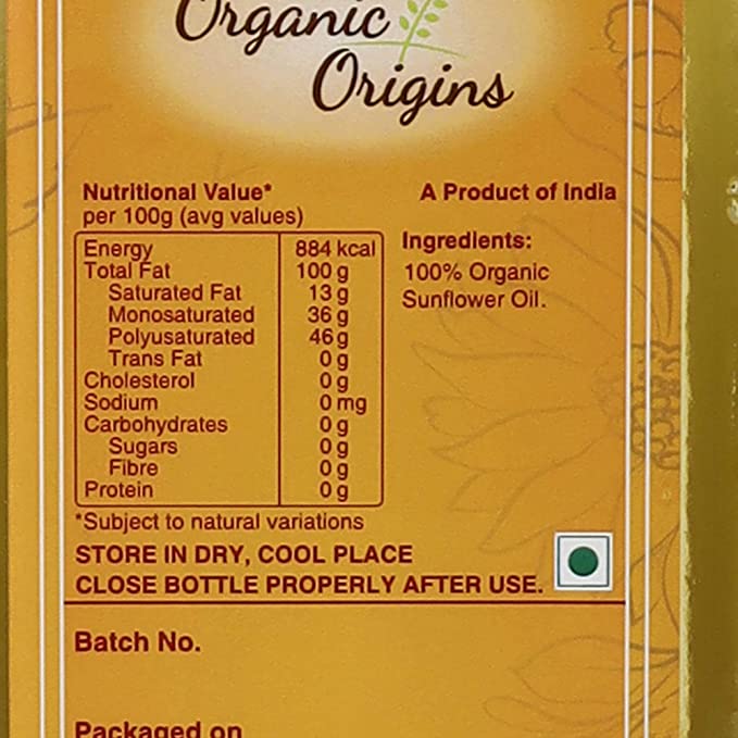 Sunflower Oil | Organic - Cold Pressed - Organic Origins - 1000ml