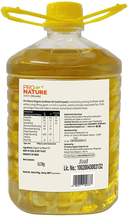 Sunflower Oil - Cold Pressed - Organic Certification Process - Pro Nature - 3000ml