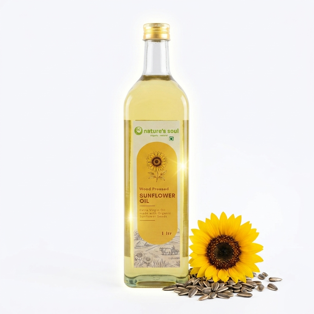 Sunflower Oil (Wood Pressed) - Extra Virgin Oil - Made With Organic Sunflower Seeds - No Bleaching or Deodorizing, Preserves Healthy Fats - No Chemical Fertilizers or Synthetic Pesticide - Nature&
