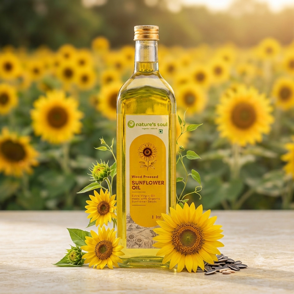 Sunflower Oil (Wood Pressed) - Extra Virgin Oil - Made With Organic Sunflower Seeds - No Bleaching or Deodorizing, Preserves Healthy Fats - No Chemical Fertilizers or Synthetic Pesticide - Nature&