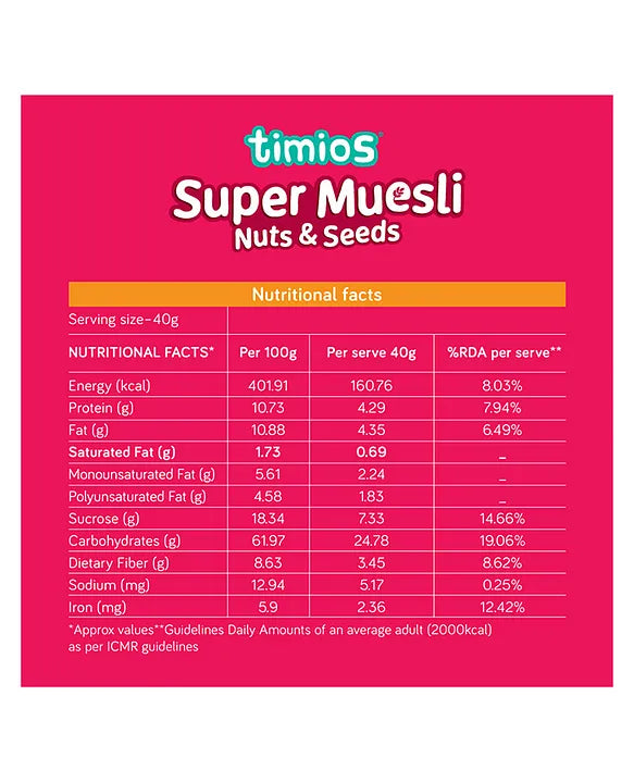 Muesli | Seeds &amp; Nuts Super Muesli -Rich in Dietary Fibre - No Added Sugar - No Artificial Colors or Flavors - No Preservatives  – Timios- 500gm