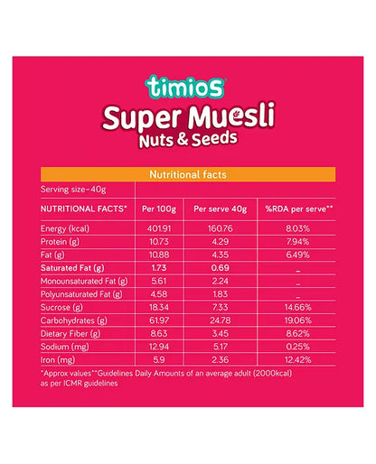 Muesli | Seeds &amp; Nuts Super Muesli -Rich in Dietary Fibre - No Added Sugar - No Artificial Colors or Flavors - No Preservatives  – Timios- 500gm
