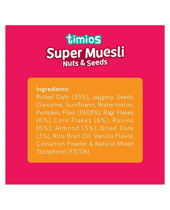 Muesli | Seeds &amp; Nuts Super Muesli -Rich in Dietary Fibre - No Added Sugar - No Artificial Colors or Flavors - No Preservatives  – Timios- 500gm
