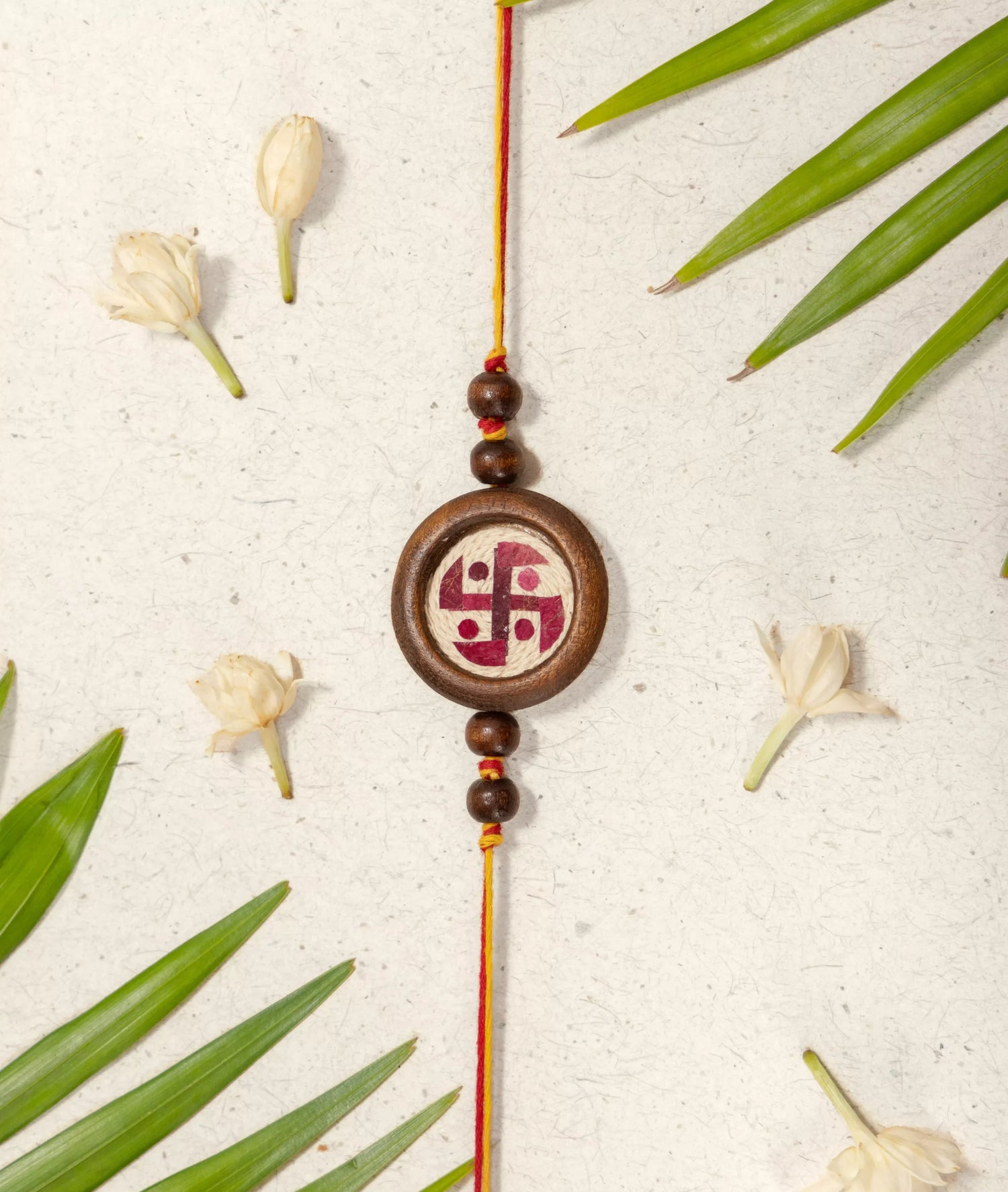 Rakhi | Swastik Rakhi (Made From Cotton, Jute, Wooden beads &amp; With Pressed Flower Petals) – Handcrafted – Eco Friendly – Nature’s Soul