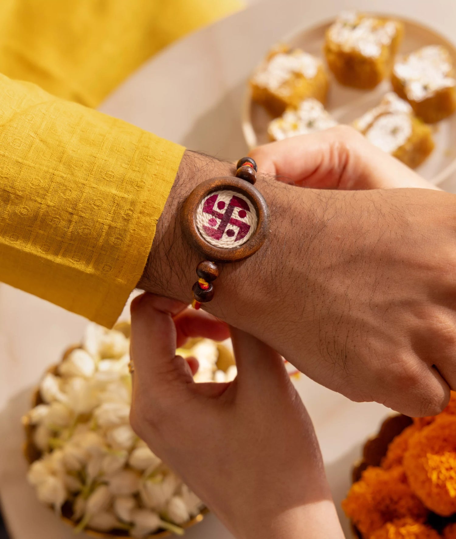 Rakhi | Swastik Rakhi (Made From Cotton, Jute, Wooden beads &amp; With Pressed Flower Petals) – Handcrafted – Eco Friendly – Nature’s Soul