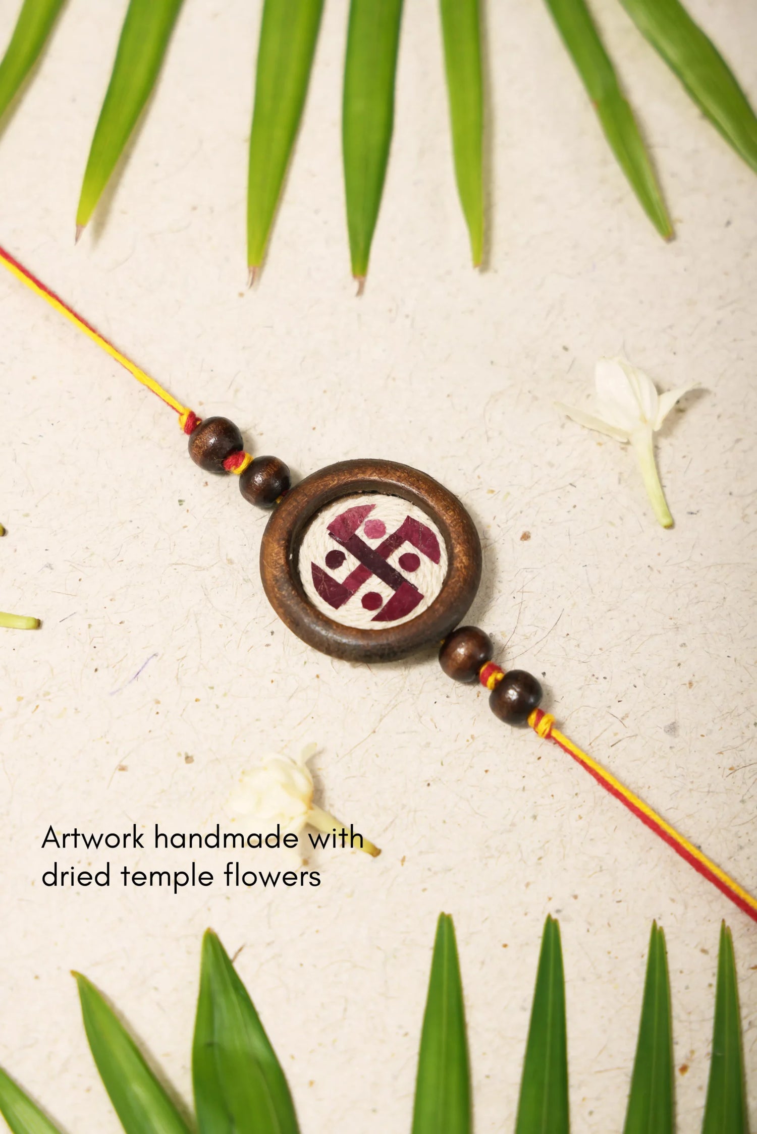 Rakhi | Swastik Rakhi (Made From Cotton, Jute, Wooden beads &amp; With Pressed Flower Petals) – Handcrafted – Eco Friendly – Nature’s Soul