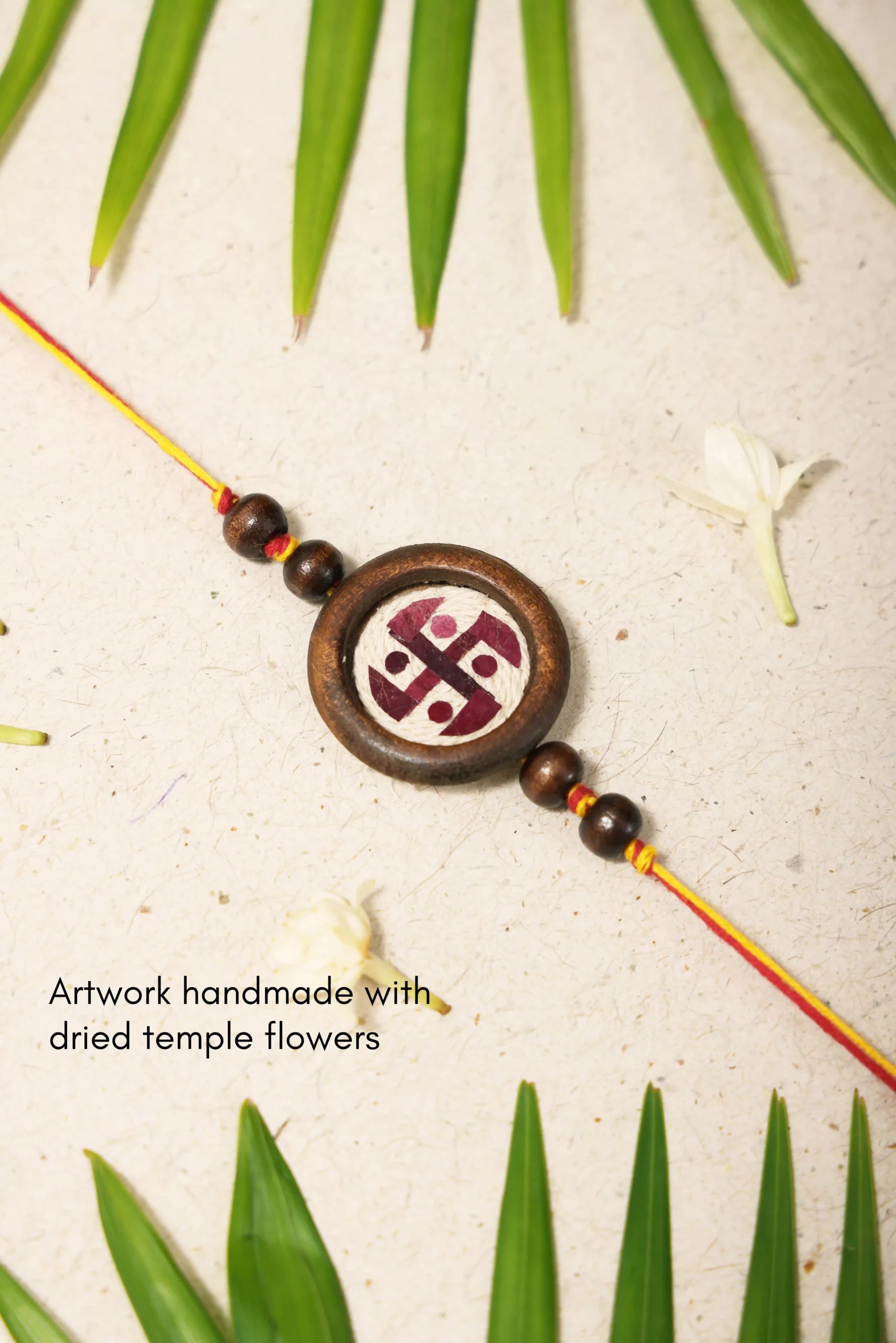 Rakhi | Swastik Rakhi (Made From Cotton, Jute, Wooden beads &amp; With Pressed Flower Petals) – Handcrafted – Eco Friendly – Nature’s Soul