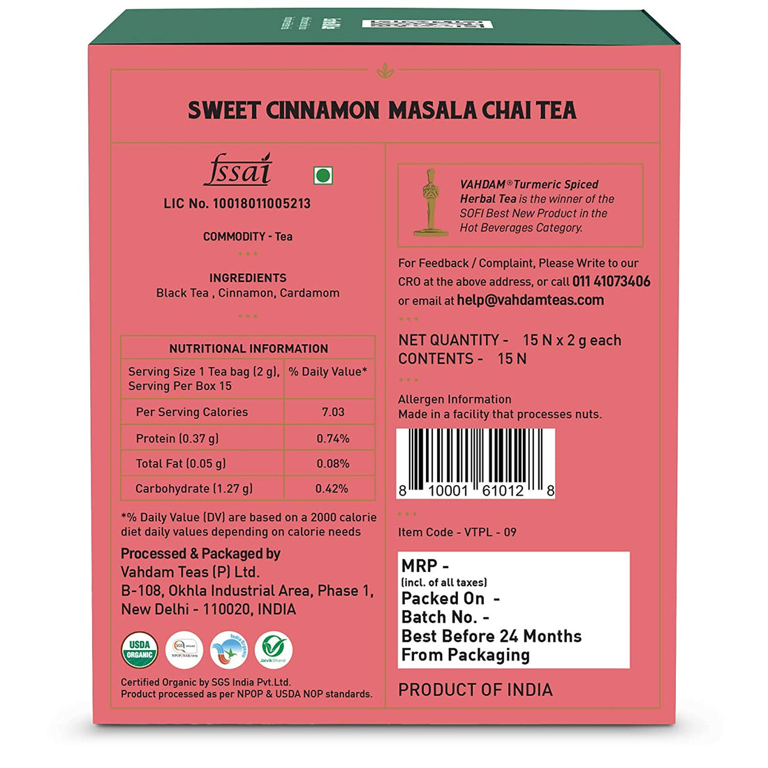 Sweet Cinnamon – Chai Tea – Vahdam – 15Tea Bags