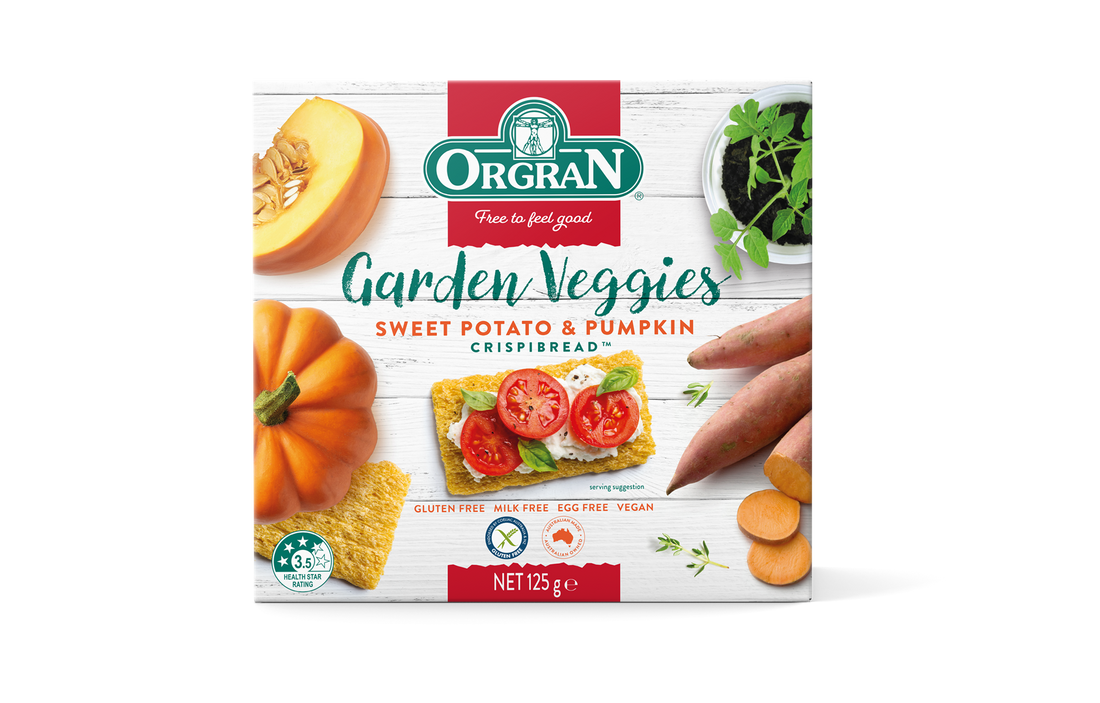 Sweet Potato & Pumpkin Crispibread | Garden Veggies – Vegan, Gluten Free, Egg Free & Milk Free – Orgran – 125gm