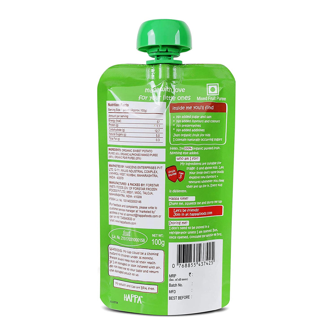 Puree | Sweet Potatoes, Mangoes & Pears Puree - Vegan, Gluten Free, No Added Sugar, No Salt, No Added Flavours, Colours & No Added Preservatives – Happa – 100gm