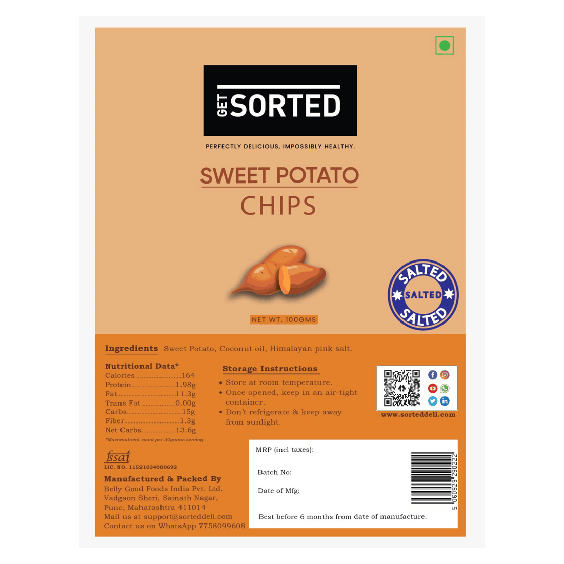 Chips | Sweet Potato Chips (Salted) - Vegan &amp;amp; Gluten Free - Get Sorted - 100gm