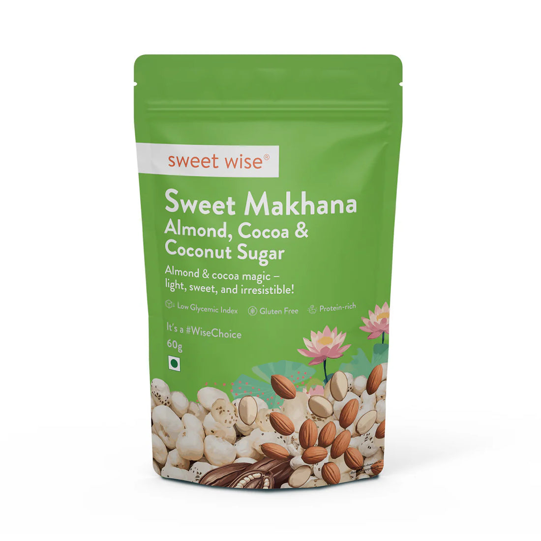 Makhana | Sweet Makhana Almond Cocoa & Coconut Sugar - Gluten Free & High In Protein - Sweet Wise - 60gm