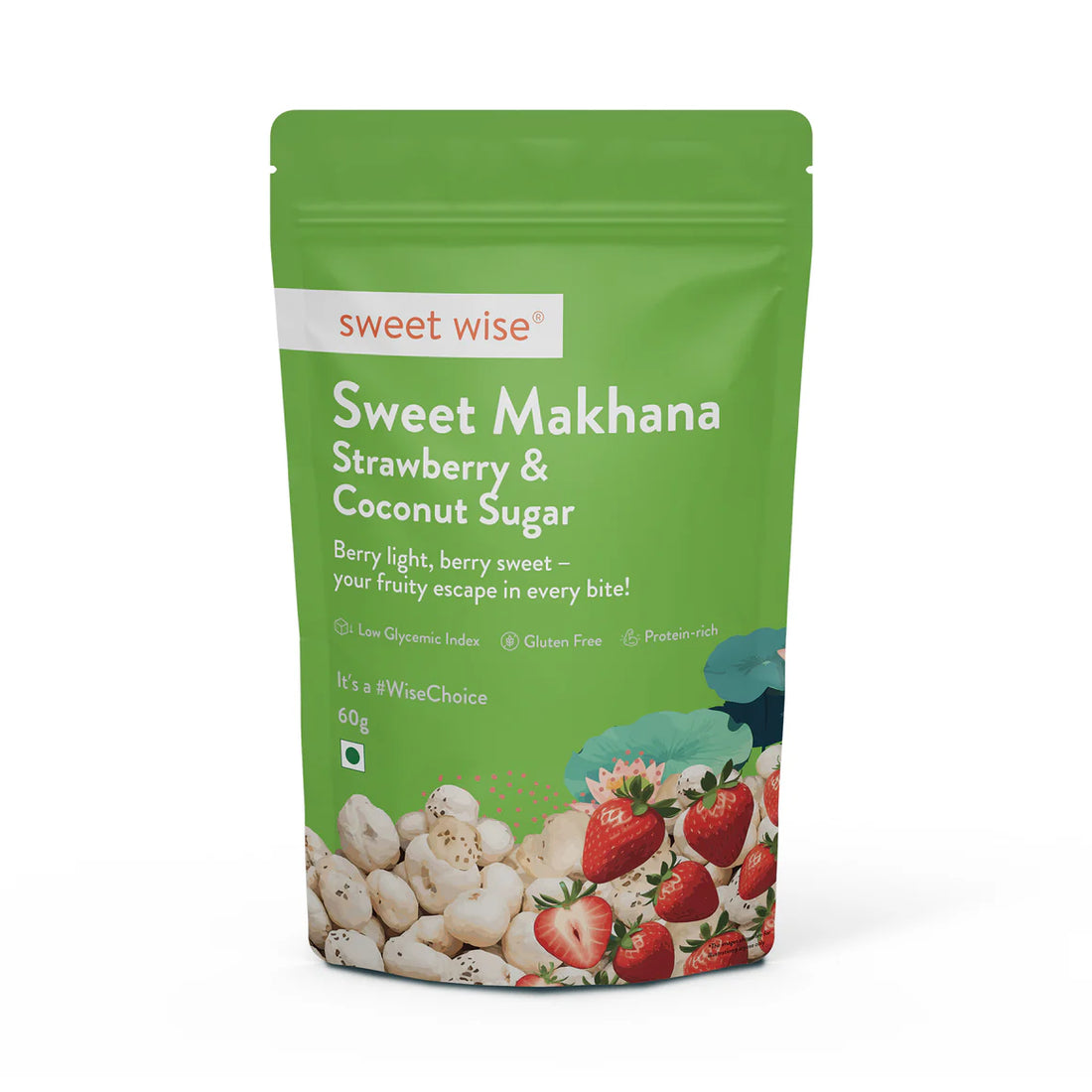 Makhana | Sweet Makhana Strawberry &amp; Coconut - Gluten Free &amp; High In Protein - Sweet Wise - 60gm