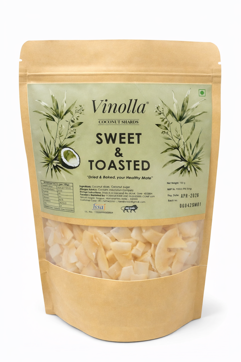 Coconut Chips | Sweet &amp; Toasted  - Dried &amp; Baked - Natural - No Preservatives -Vinolla - 100gm