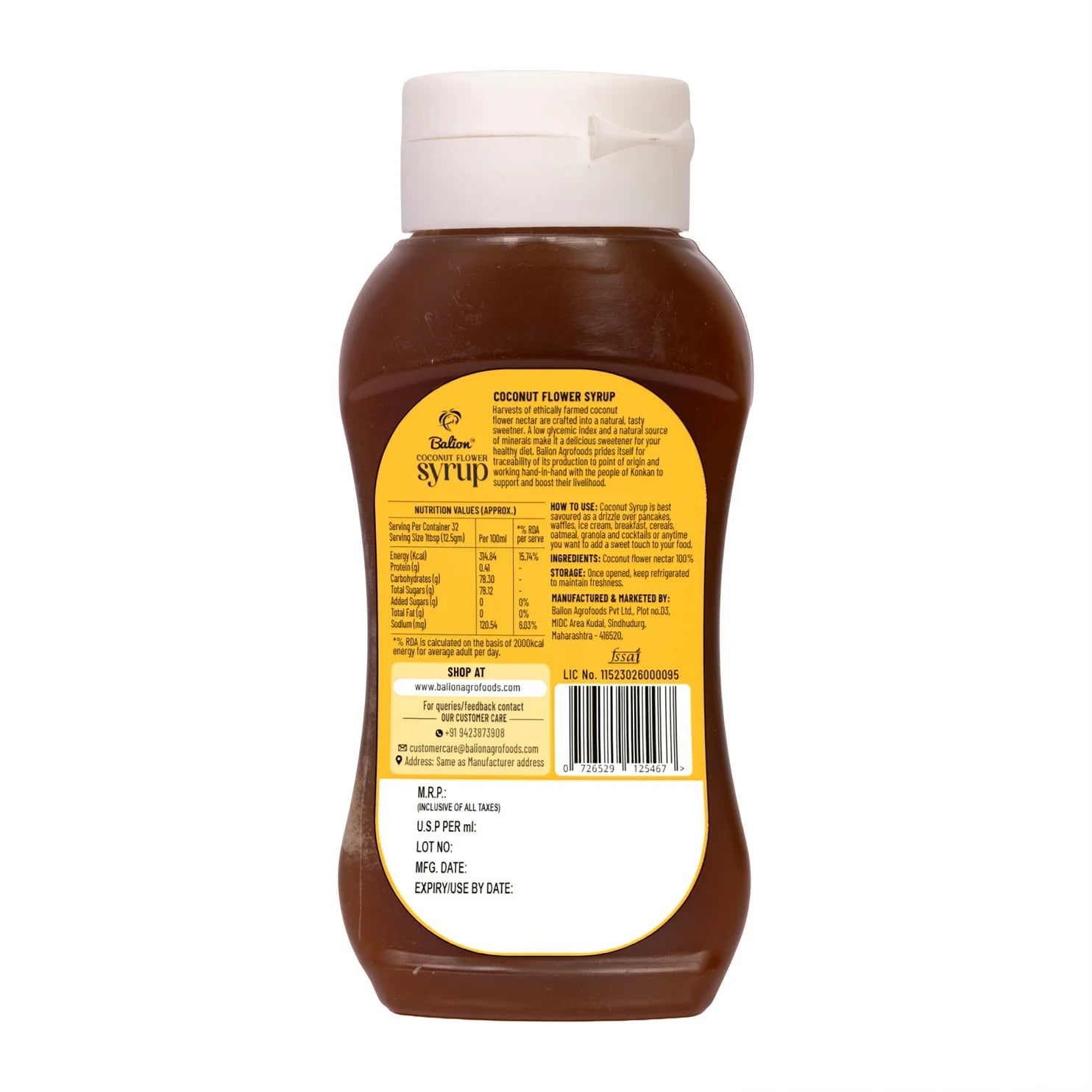Coconut Flower Syrup |Gluten Free, Soy Free - 100% Coconut Flower Nectar-No Preservatives, Chemicals, or Artificial Ingredients - Balion - 500gm