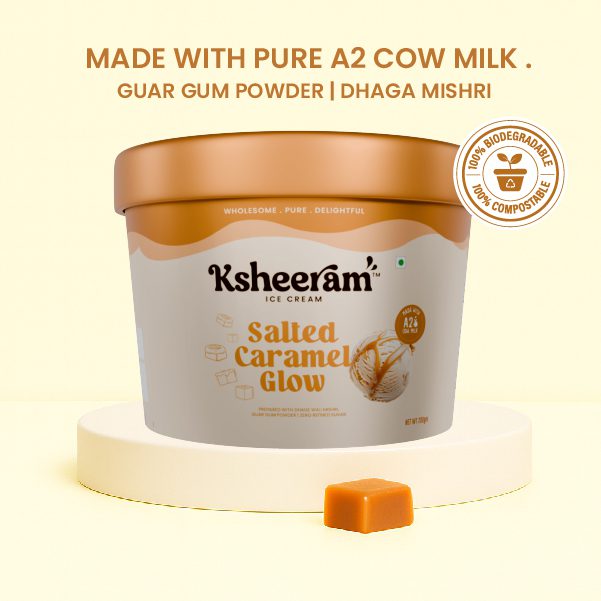 Ice Cream | Salted Caramel Glow - Sweetened with Dhaga Mishri - Prepared With A2 Cow Milk- Zero Preservatives, No Refined Sugar &amp;  Zero Added Colour and Artificial - Ksheeram Ice Cream – 200 Gms