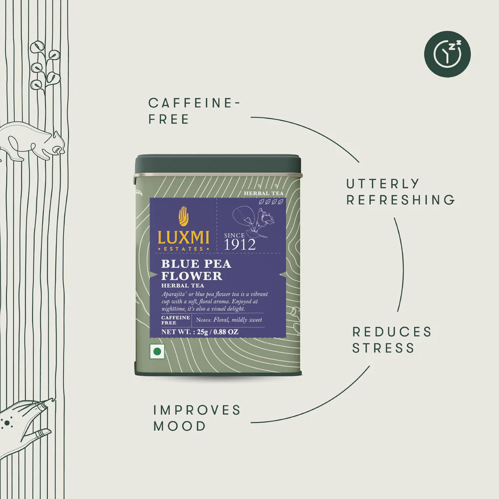 Herbal Tea | Blue Pea Flower Herbal Tea - Caffeine Free  – Sweet, Smooth, Aromatic - USDA Organic – Luxmi Estates – 25gm