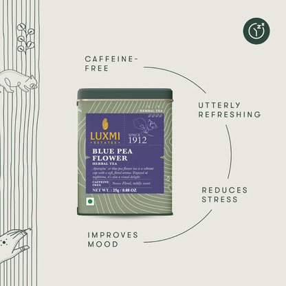 Herbal Tea | Blue Pea Flower Herbal Tea - Caffeine Free  – Sweet, Smooth, Aromatic - USDA Organic – Luxmi Estates – 25gm