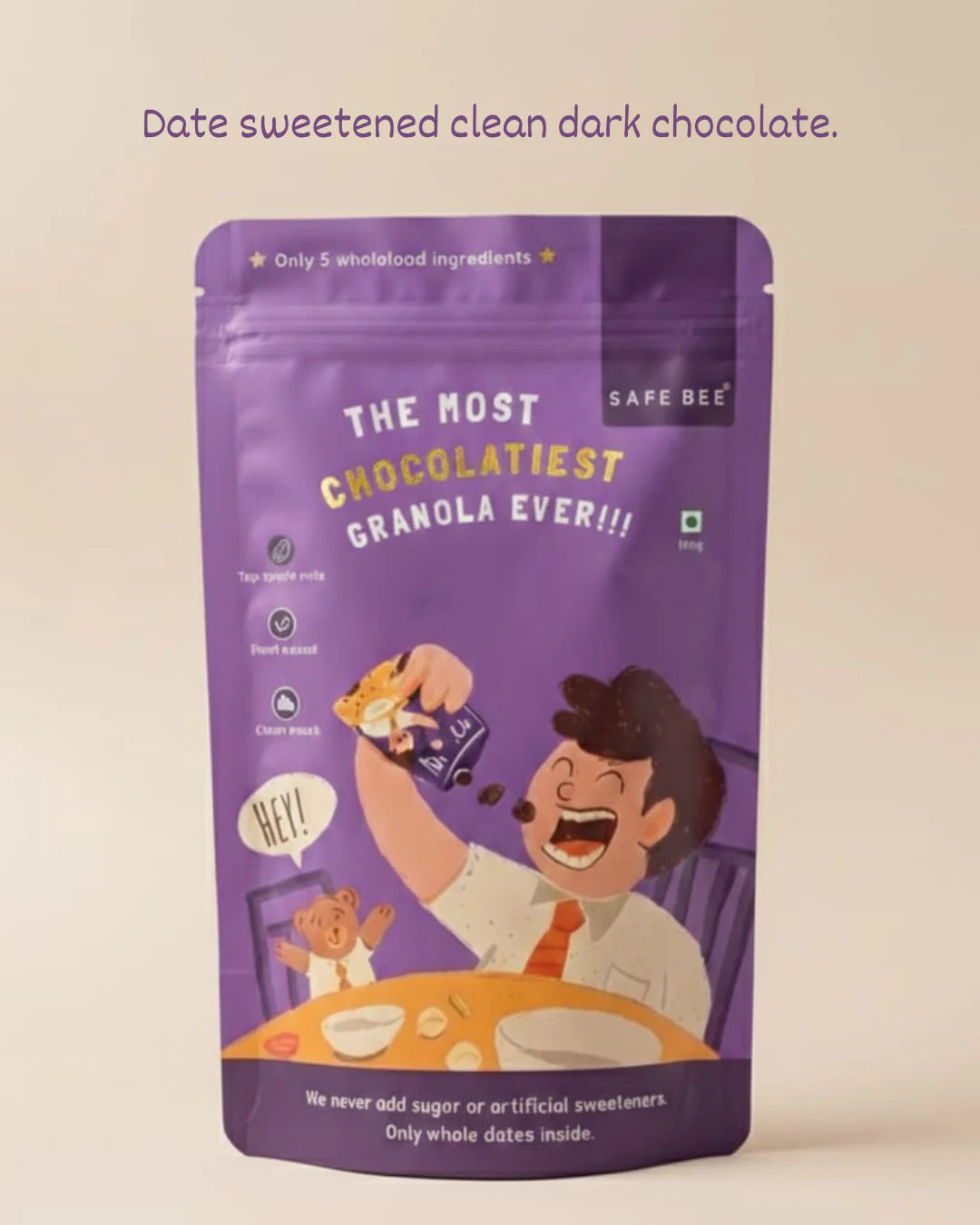 Most Chocolatiest Granola Ever -  Date sweetened &amp; Heavy Metal Tested- 100% Vegan, Gluten Free, Plant Based , Clean Snack -No additives, No Added Sugar, No Syrups– Safe Bee – 60gm