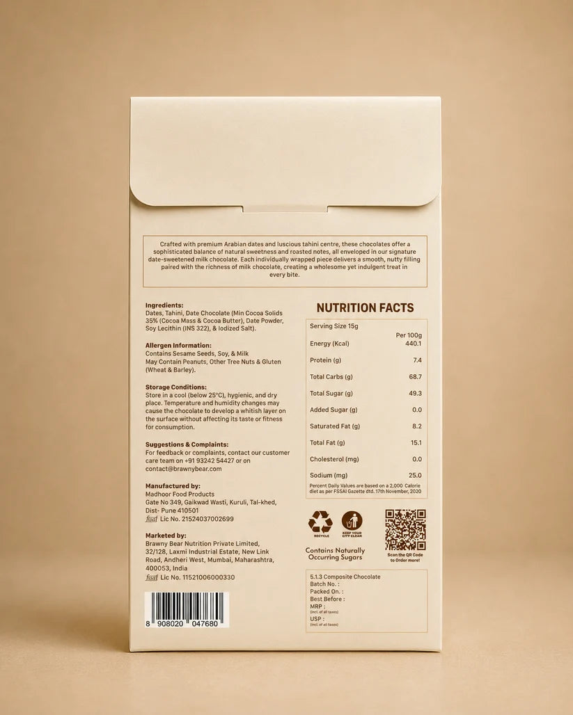 Tahini | Chocolate Coated Date ( Whole almonds + Arabian dates + 55% dark chocolate )  -Real Chocolate -100% Vegan and Gluten-free -No refined sugar, No Added Sugar &amp;amp; No Preservatives - Brawny Bear - 100gm