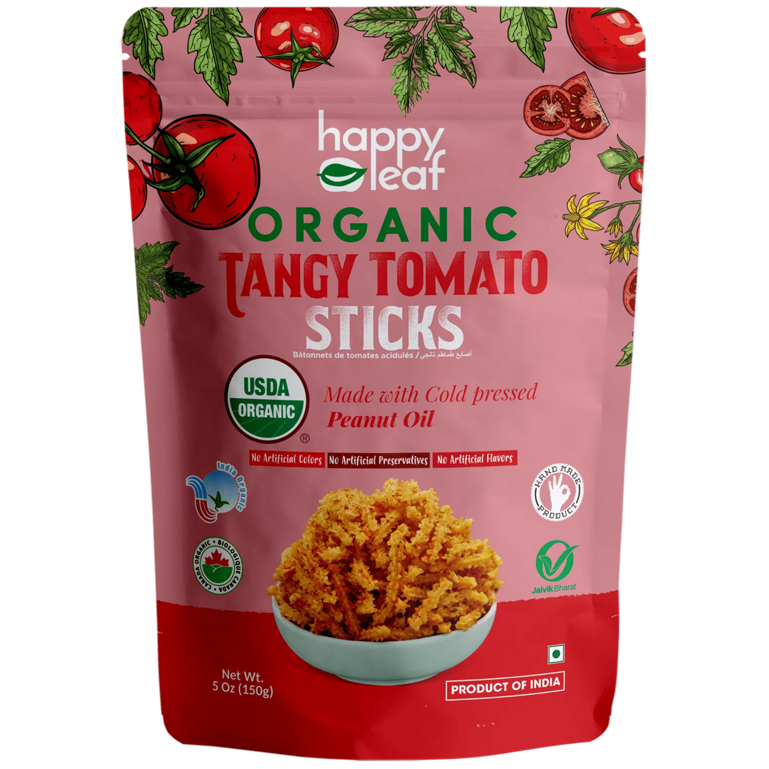 Tomato Sticks | Tangy (Made With Cold Pressed Peanut Oil) – USDA Organic – No Artificial, Flavours, Color & No Artificial Preservatives – Happy Leaf – 170gm