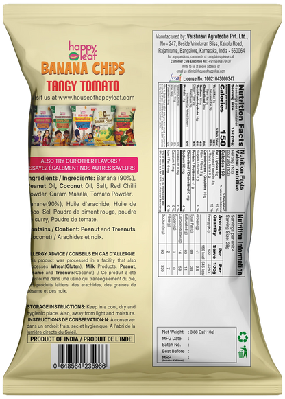 Chips | Tangy Tomato Banana Chips -Vegan, Gluten Free, USDA Organic – No Artificial Color &amp; No Artificial Preservatives – Happy Leaf – 110gm