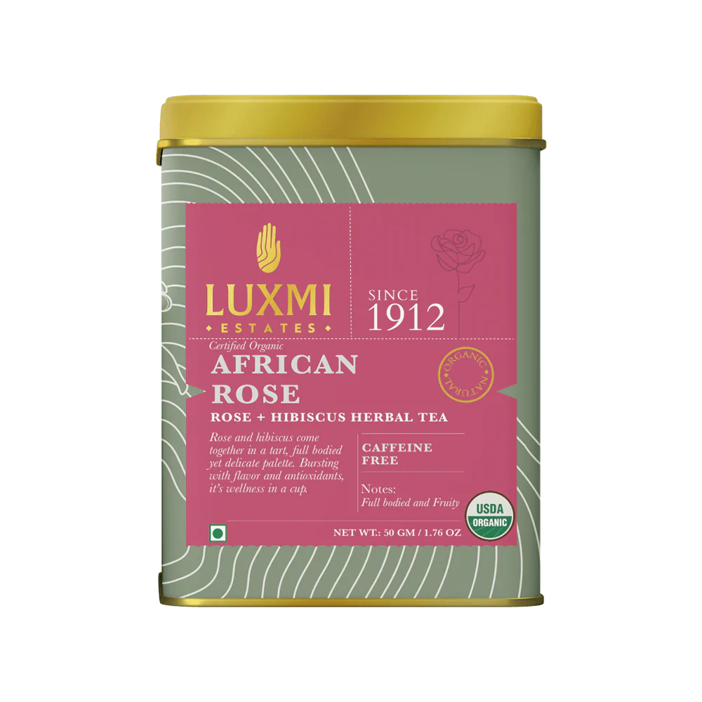 Tea | African Rose (Rose Hibiscus Herbal Tea) - Fruity Flavor - USDA Organic - Caffeine Free - Luxmi Estates - 50gm