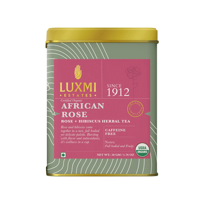 Tea | African Rose (Rose Hibiscus Herbal Tea) - Fruity Flavor - USDA Organic - Caffeine Free - Luxmi Estates - 50gm