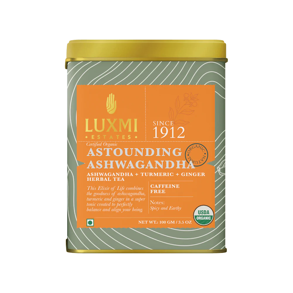 Tea | Astounding Ashwagandha(Blend In Ashwagandha, Turmeric & Ginger) - USDA Organic - No Caffeine - Luxmi Estates - 100gm