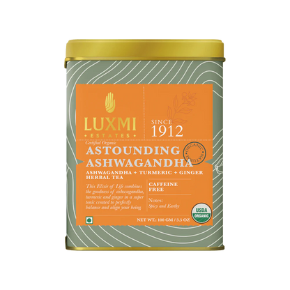 Tea | Astounding Ashwagandha(Blend In Ashwagandha, Turmeric &amp;amp; Ginger) - USDA Organic - No Caffeine - Luxmi Estates - 100gm