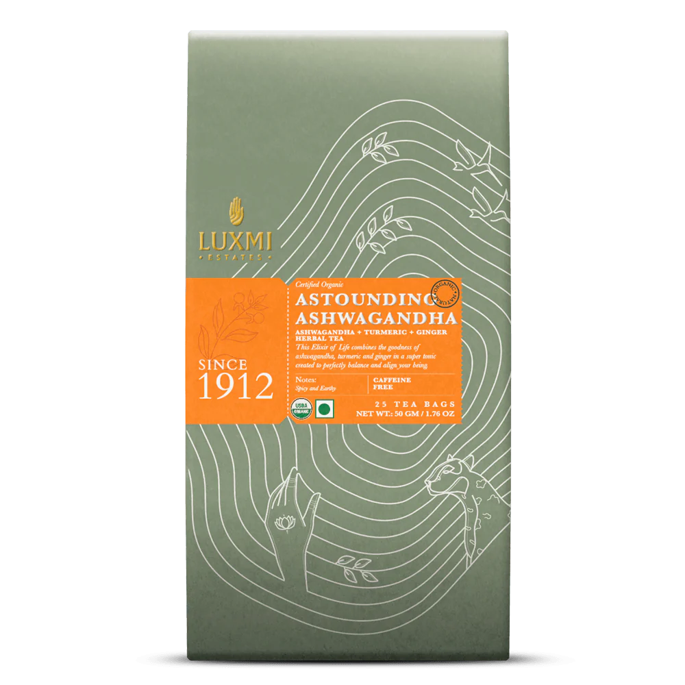 Tea | Astounding Ashwagandha (Blend In Ashwagandha, Turmeric &amp;amp; Ginger) – USDA Organic – No Caffeine – Luxmi Estates – 25 Tea Bag - 50gm
