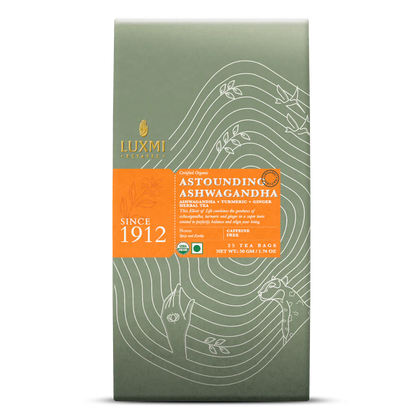 Tea | Astounding Ashwagandha (Blend In Ashwagandha, Turmeric &amp;amp; Ginger) – USDA Organic – No Caffeine – Luxmi Estates – 25 Tea Bag - 50gm