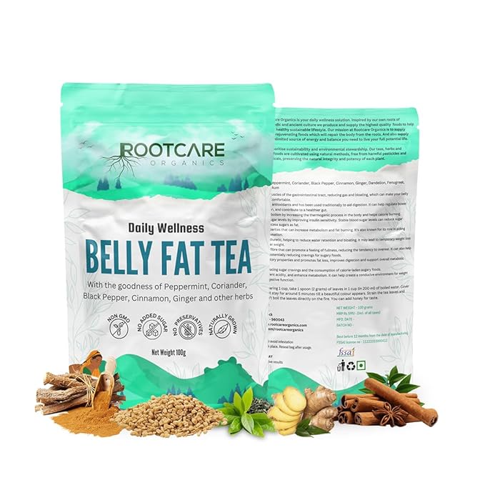 Tea | Belly Fat (With The Goodness Of Peppermint, Coriander, Black Pepper, Cinnamon, Ginger & Other Herbs) - Healthy Gut - Enhance Metabolism - Naturally Grown - Non Gmo, No Added Sugar & Preservatives Free - Root Care Organics - 100gm