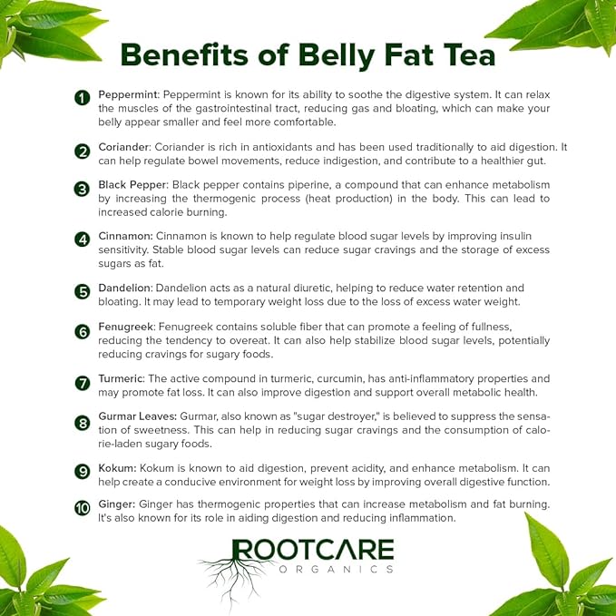 Tea | Belly Fat (With The Goodness Of Peppermint, Coriander, Black Pepper, Cinnamon, Ginger &amp;amp; Other Herbs) - Healthy Gut - Enhance Metabolism - Naturally Grown - Non Gmo, No Added Sugar &amp;amp; Preservatives Free - Root Care Organics - 100gm