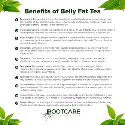 Tea | Belly Fat (With The Goodness Of Peppermint, Coriander, Black Pepper, Cinnamon, Ginger &amp;amp; Other Herbs) - Healthy Gut - Enhance Metabolism - Naturally Grown - Non Gmo, No Added Sugar &amp;amp; Preservatives Free - Root Care Organics - 100gm