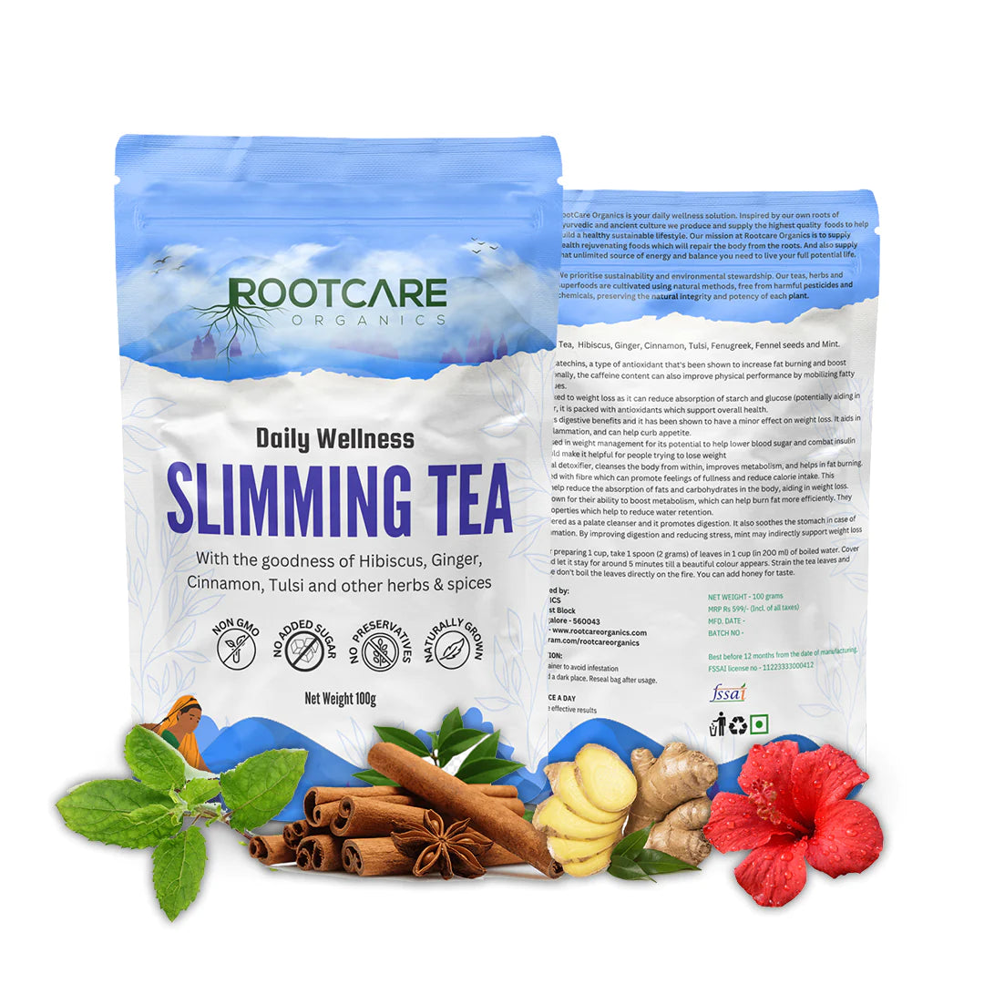 Tea | Slimming (With The Goodness Of Green Tea, Hibiscus, Ginger, Cinnamon, And Others Herbs) - Naturally Grown - No Added Sugar ,Preservatives, Non Gmo & No Artificial Colors – Root Care Organics – 100gm