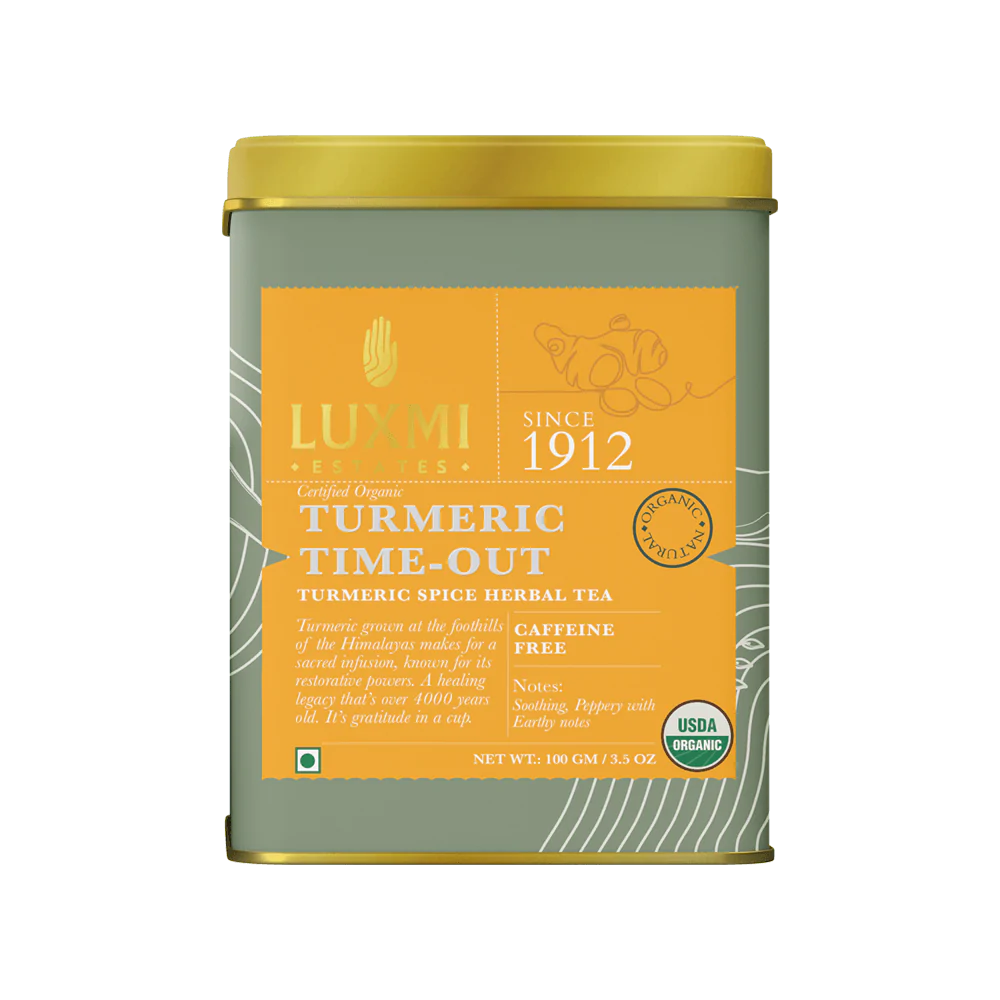Tea | Turmeric Time Out (Turmeric Spice Herbal Tea) - Soothing, Peppery, Earthy Flavour - USDA Organic - Caffeine Free - Luxmi Estates - 100gm