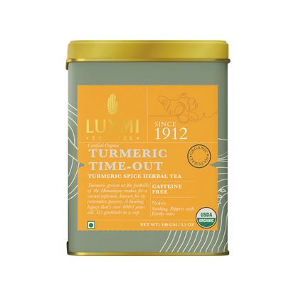 Tea | Turmeric Time Out (Turmeric Spice Herbal Tea) - Soothing, Peppery, Earthy Flavour - USDA Organic - Caffeine Free - Luxmi Estates - 100gm