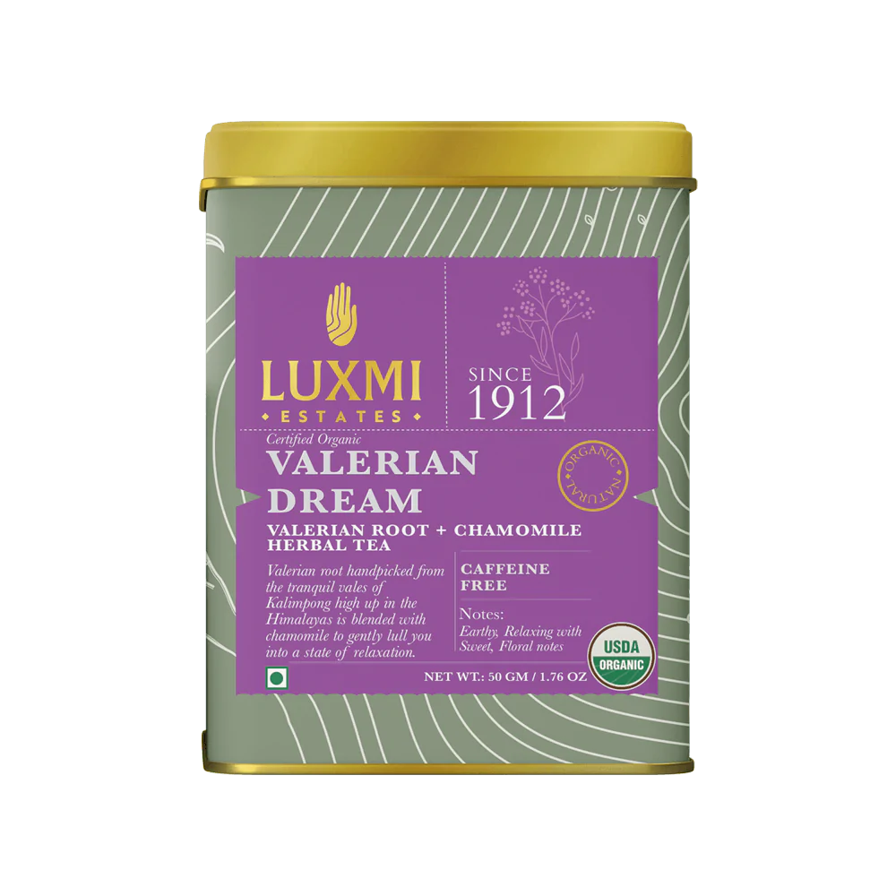 Tea | Valerian Dream (Blend In Valerian Root & Chamomile Herbal Tea) - Sweet And Floral Flavor - Organic - Luxmi Estates - 50gm